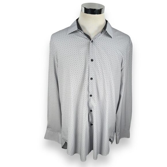 WRK Dress Shirt Men’s 18 Gray 4 Way Stretch Slim Fit Geometric Spread Collar - Picture 1 of 10